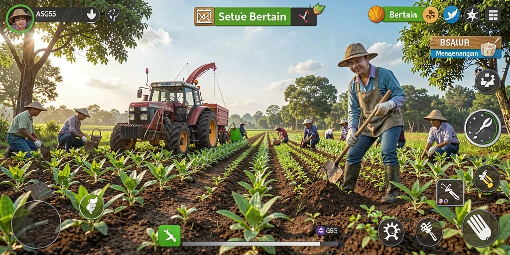Tangkapan layar ASG55 menampilkan kegiatan bertani yang seru dan interaktif.