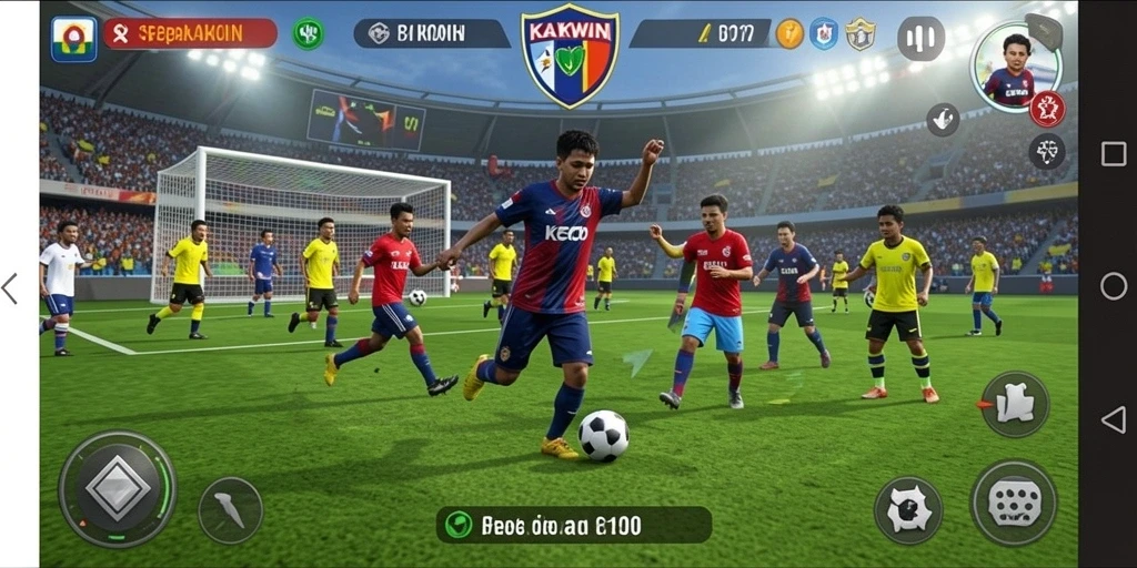 Screenshot utama KAKWIN menampilkan aksi seru di lapangan sepak bola.