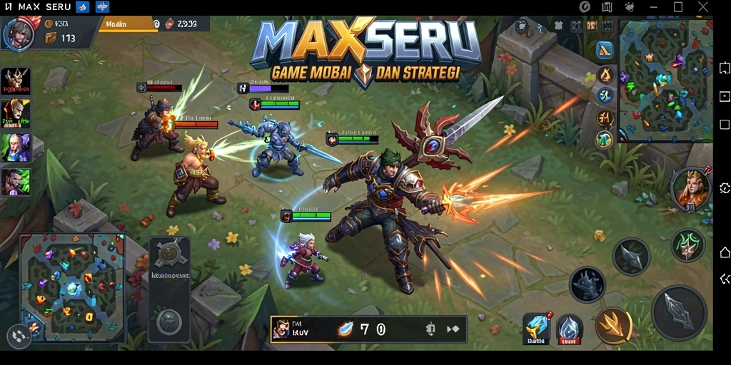Tangkapan layar gameplay <strong>MAXSERU</strong> menampilkan pertarungan tim yang intens dan strategis.