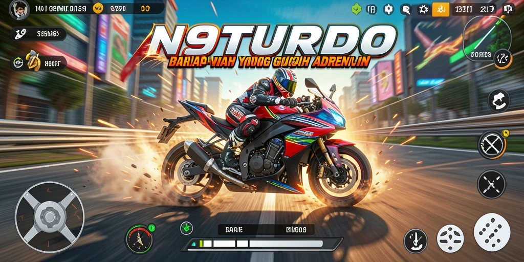 Gameplay seru N9TURBO dengan balapan motor penuh adrenalin.