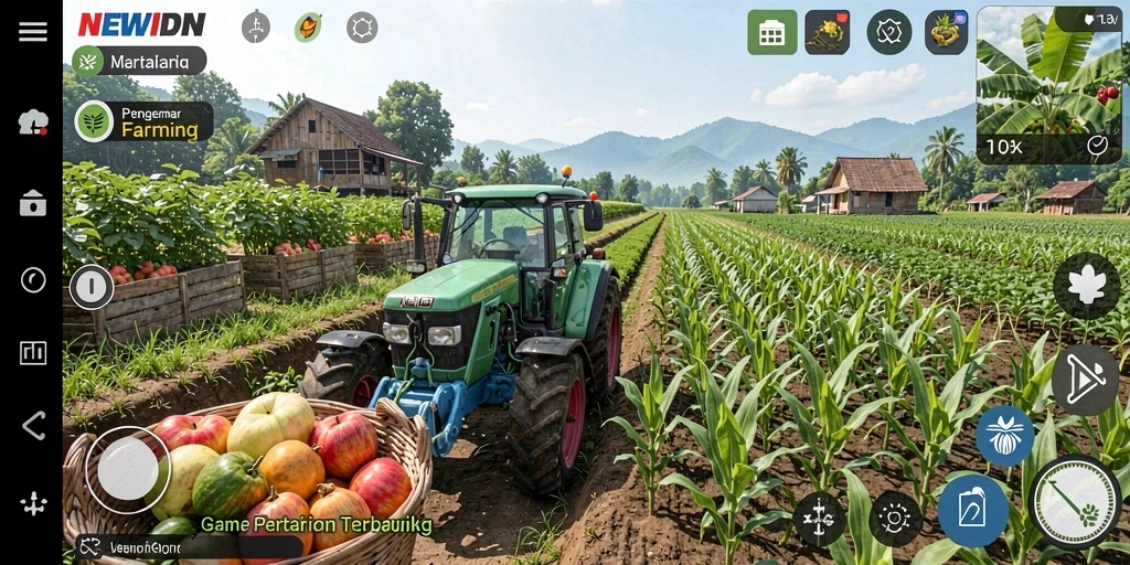 Screenshot gameplay NEWIDN yang menampilkan pertanian yang subur dan aktivitas bercocok tanam.