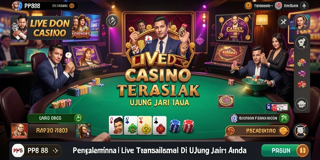 Screenshot gameplay PP88 menampilkan dealer profesional dan suasana Live Casino yang menarik.