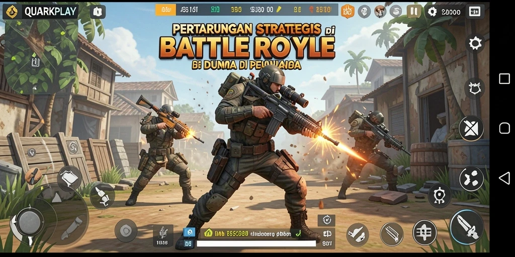 Screenshot gameplay penuh aksi dari QUARKPLAY menunjukkan pertempuran intens.